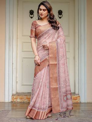 Lightweight handloom cotton floral printed saree for daily wear with blouse 2