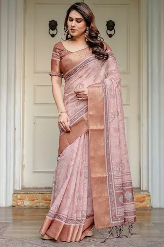 Lightweight handloom cotton floral printed saree for daily wear with blouse