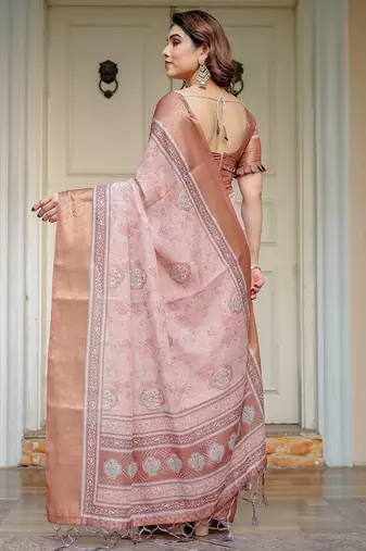 Lightweight handloom cotton floral printed saree for daily wear with blouse
