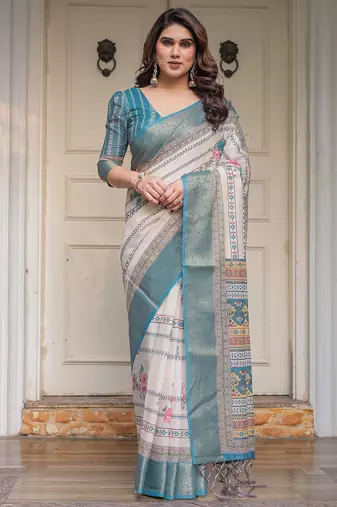 Ethnic handloom cotton printed saree with floral pattern & blouse piece