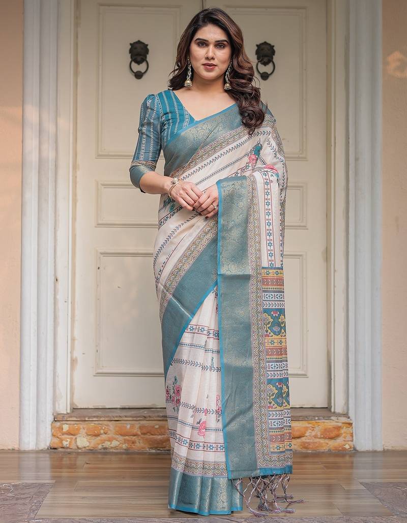 Ethnic handloom cotton printed saree with floral pattern & blouse piece