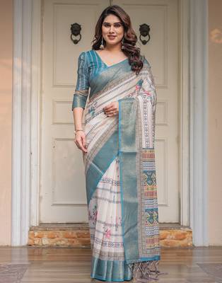 Ethnic handloom cotton printed saree with floral pattern & blouse piece 2