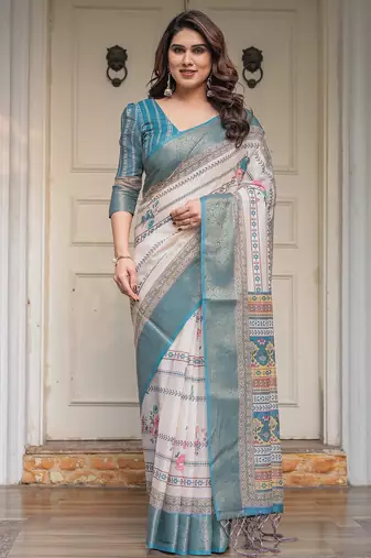 Ethnic handloom cotton printed saree with floral pattern & blouse piece