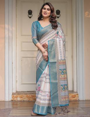 Ethnic handloom cotton printed saree with floral pattern & blouse piece 3