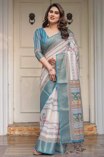Ethnic handloom cotton printed saree with floral pattern & blouse piece
