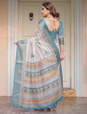 Ethnic handloom cotton printed saree with floral pattern & blouse piece 4