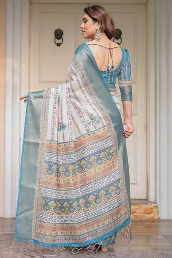 Ethnic handloom cotton printed saree with floral pattern & blouse piece