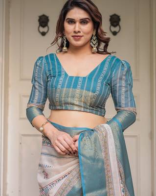 Ethnic handloom cotton printed saree with floral pattern & blouse piece 5
