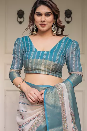 Ethnic handloom cotton printed saree with floral pattern & blouse piece