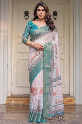 Classic handloom cotton floral design saree for women with blouse