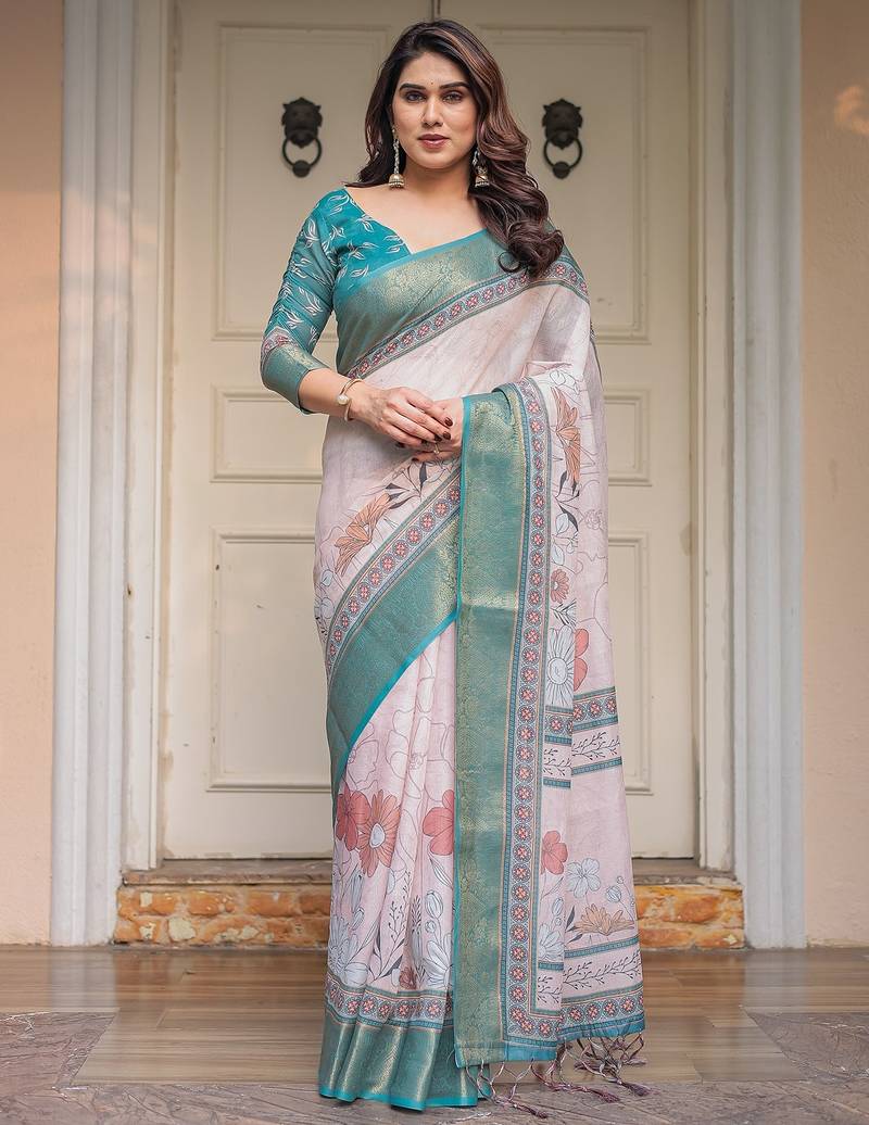 Classic handloom cotton floral design saree for women with blouse