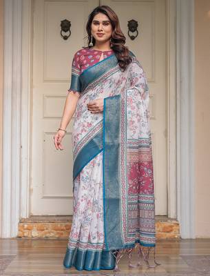 Designer handloom cotton floral print saree with attached blouse fabric 1
