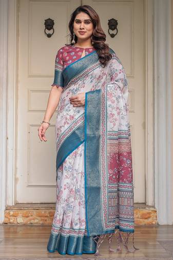 Designer handloom cotton floral print saree with attached blouse fabric