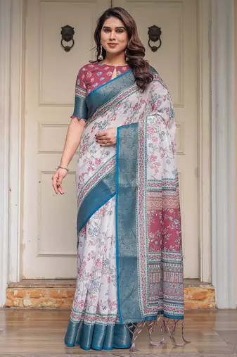 Designer handloom cotton floral print saree with attached blouse fabric