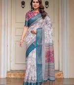Designer handloom cotton floral print saree with attached blouse fabric
