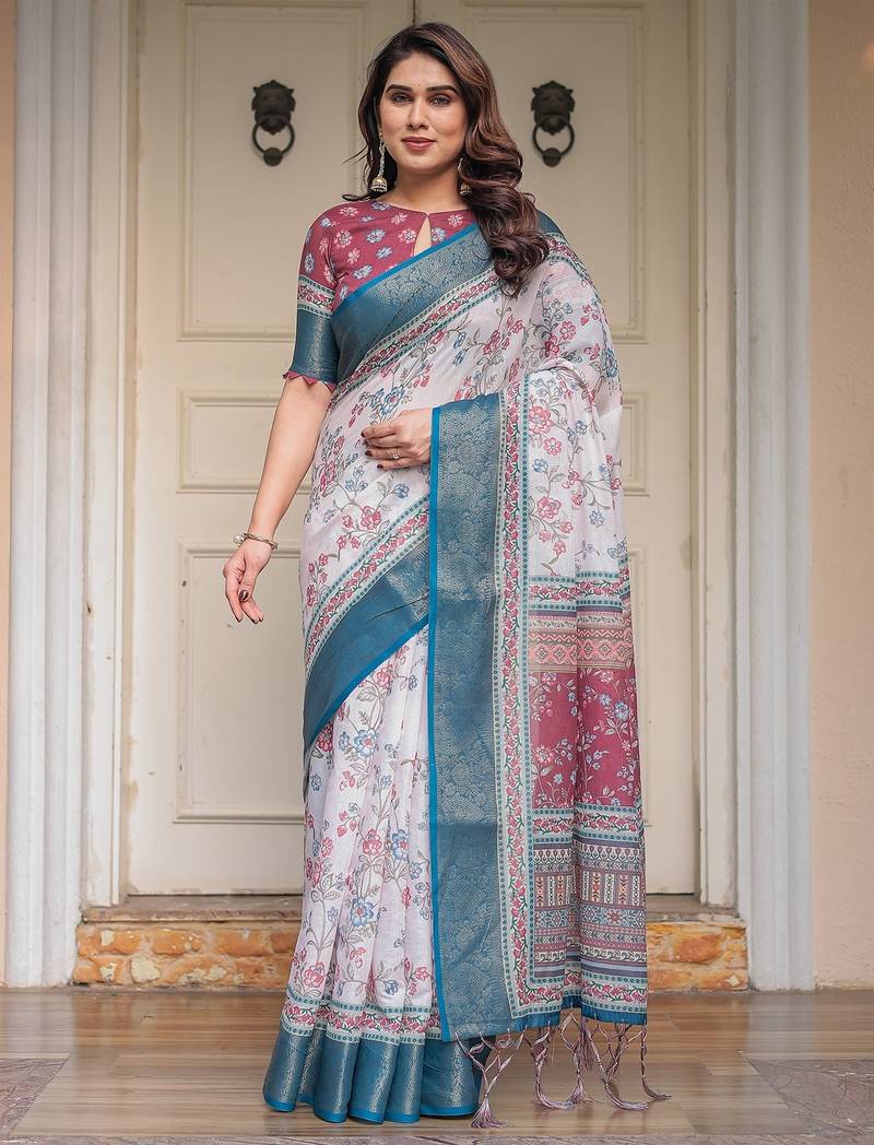Designer handloom cotton floral print saree with attached blouse fabric