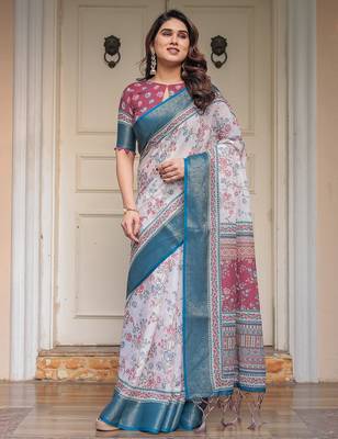 Designer handloom cotton floral print saree with attached blouse fabric 2