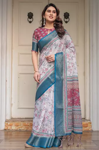 Designer handloom cotton floral print saree with attached blouse fabric