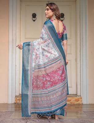 Designer handloom cotton floral print saree with attached blouse fabric 3