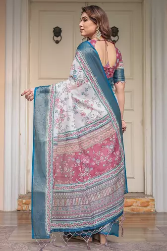 Designer handloom cotton floral print saree with attached blouse fabric