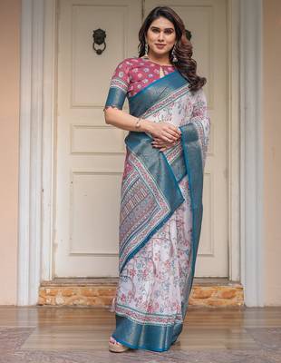 Designer handloom cotton floral print saree with attached blouse fabric 4