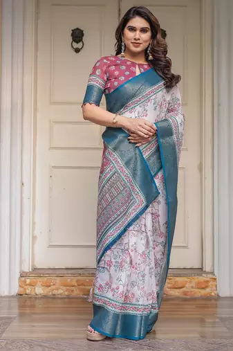Designer handloom cotton floral print saree with attached blouse fabric