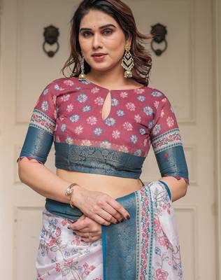 Designer handloom cotton floral print saree with attached blouse fabric 5