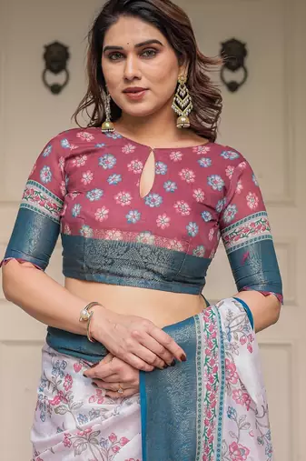 Designer handloom cotton floral print saree with attached blouse fabric
