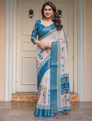 Soft handloom cotton floral printed saree with 5.5m saree & blouse piece 1
