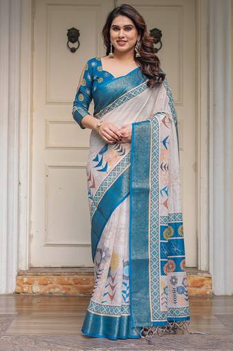 Soft handloom cotton floral printed saree with 5.5m saree & blouse piece