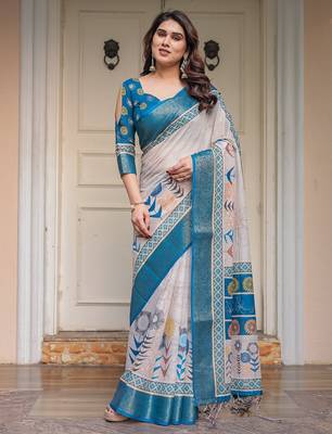 Soft handloom cotton floral printed saree with 5.5m saree & blouse piece 2