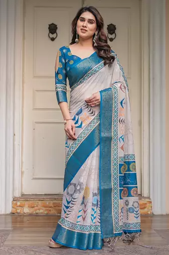 Soft handloom cotton floral printed saree with 5.5m saree & blouse piece