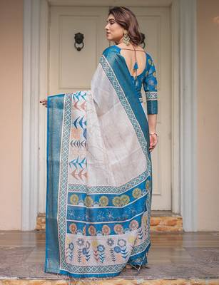 Soft handloom cotton floral printed saree with 5.5m saree & blouse piece 3