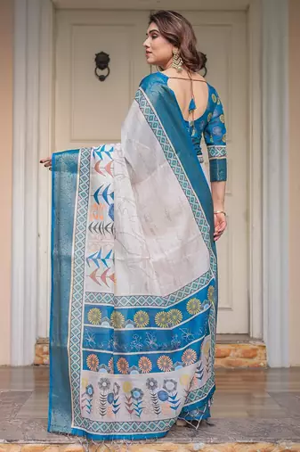 Soft handloom cotton floral printed saree with 5.5m saree & blouse piece