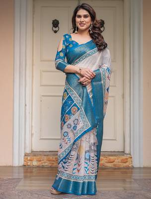 Soft handloom cotton floral printed saree with 5.5m saree & blouse piece 4