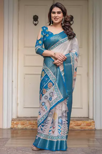 Soft handloom cotton floral printed saree with 5.5m saree & blouse piece