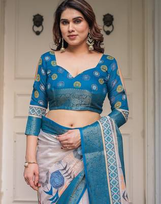 Soft handloom cotton floral printed saree with 5.5m saree & blouse piece 5