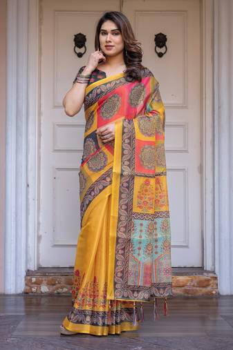 Women's handloom cotton floral print saree with attached blouse piece