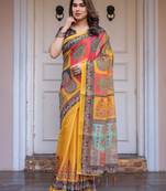 Women's handloom cotton floral print saree with attached blouse piece