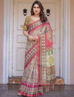 Handloom cotton floral pattern printed saree with 5.5 meter saree & blouse 1