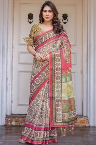Handloom cotton floral pattern printed saree with 5.5 meter saree & blouse