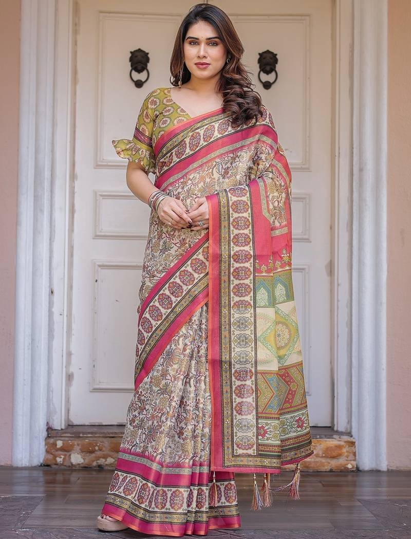 Handloom cotton floral pattern printed saree with 5.5 meter saree & blouse