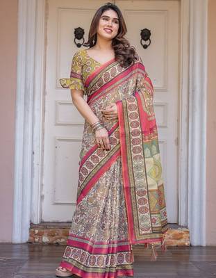 Handloom cotton floral pattern printed saree with 5.5 meter saree & blouse 2