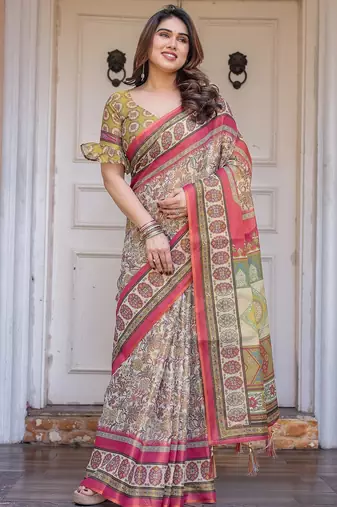 Handloom cotton floral pattern printed saree with 5.5 meter saree & blouse