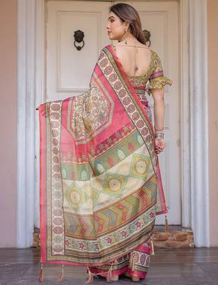 Handloom cotton floral pattern printed saree with 5.5 meter saree & blouse 3