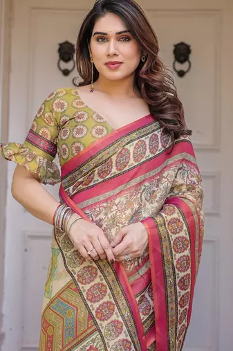 Handloom cotton floral pattern printed saree with 5.5 meter saree & blouse