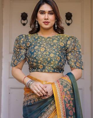 Soft & comfortable handloom cotton floral printed saree with blouse 5