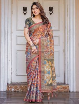Party wear handloom cotton floral printed saree with blouse fabric 1