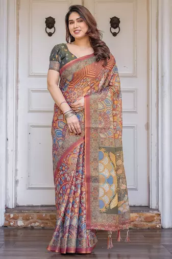 Party wear handloom cotton floral printed saree with blouse fabric
