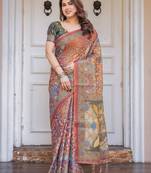 Party wear handloom cotton floral printed saree with blouse fabric